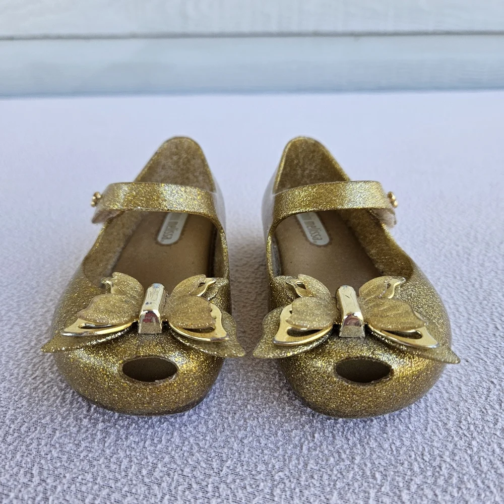 Mini Melissa Ultragirl Butterfly Gold Mary Jane Jelly Flats SZ 6 Hook & Loop